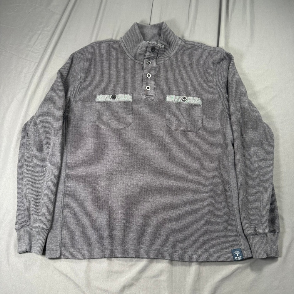 Lucky Brand Long Sleeve Pullover Knit Sweater 1/4 Button Double Pocket Gray L Qz